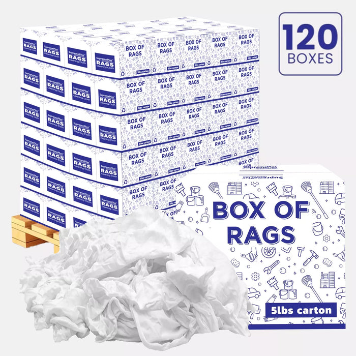 White washed T-shirt material rags from Wiping Hub, 5lb pallet box, ideal for cleaning and wiping tasks