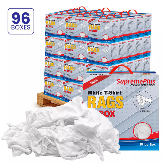 White washed T-shirt material rags from Wiping Hub, 10lb pallet of soft, premium knit fabric for cleaning and wiping tasks.