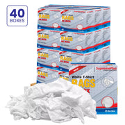 White washed T-shirt material rags from Wiping Hub, 25 lbs pallet of premium knit fabric for cleaning and industrial use.