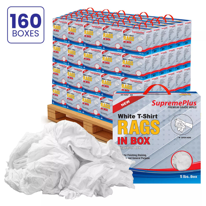 White washed T-shirt material rags from Wiping Hub, 5lbs pack, ideal for cleaning and wiping applications, shown in a compressed box.