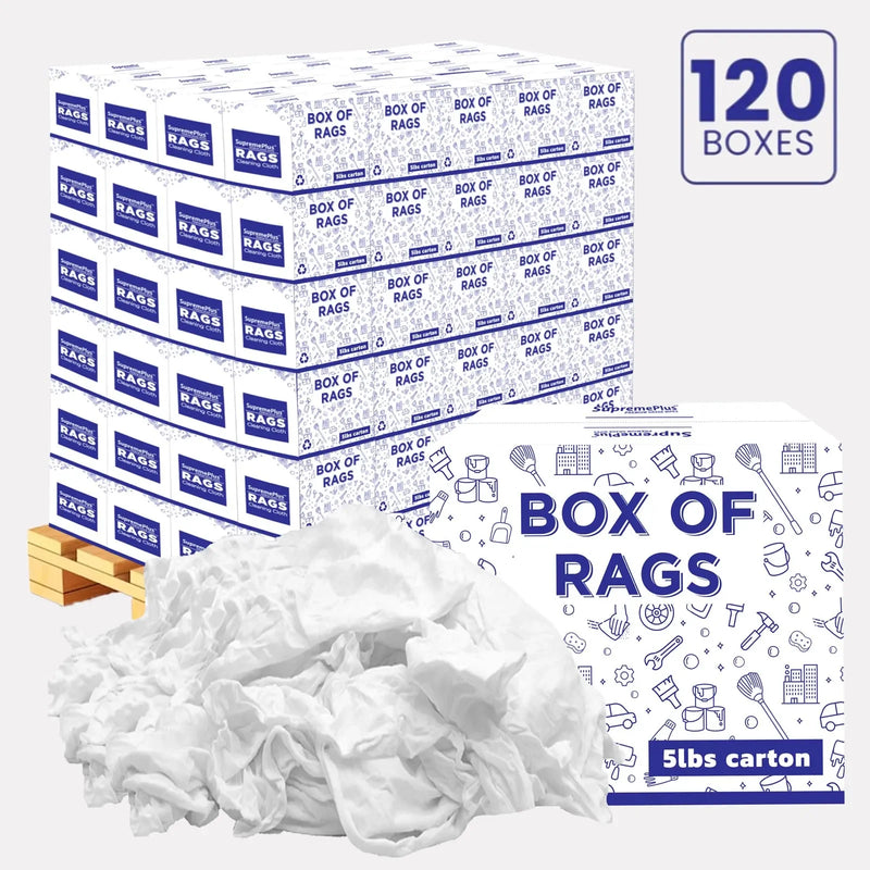 New Premium White Washed T-shirt Rags - 600 lbs. Pallet - 120 x 5 lbs. Boxes - Wiping Hub