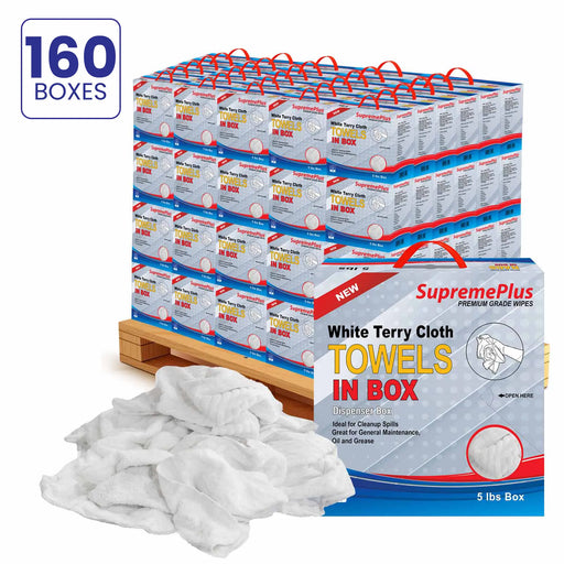 New White Terry Towel Cleaning Rags – 800 lbs. Pallet - 160 x 5 lbs. Compressed Boxes - Wiping Hub