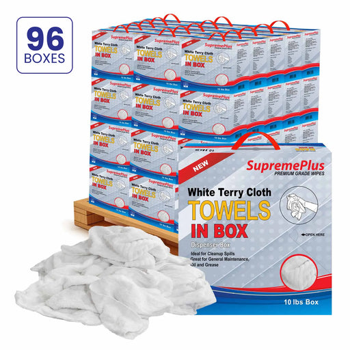 New White Terry Towel Cleaning Rags – 960 lbs. Pallet - 96 x 10 lbs. Compressed Boxes - Wiping Hub