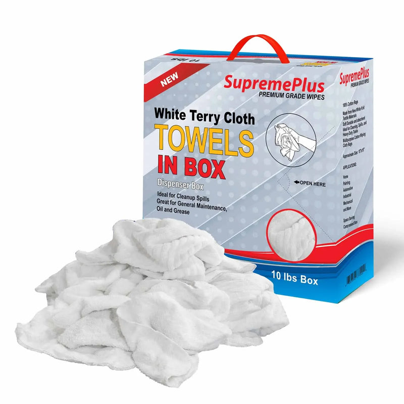 New White Terry Towel Cleaning Rags - 10 lbs. Compressed Box - Wiping Hub
