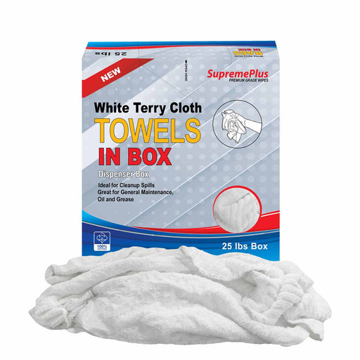 New White Terry Towel Cleaning Rags – 25 lbs Compressed Box – Wiping Hub