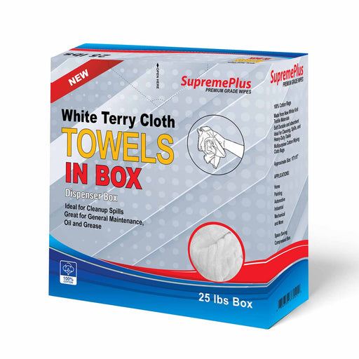 New White Terry Towel Cleaning Rags – 25 lbs Compressed Box – Wiping Hub