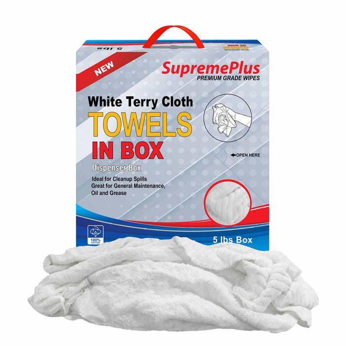 New White Terry Towel Cleaning Rags – 5 lbs Compressed Box – Wiping Hub