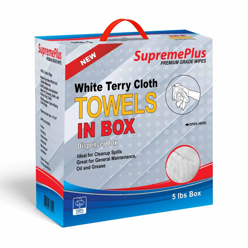 New White Terry Towel Cleaning Rags - 5 lbs. Compressed Box - Wiping Hub
