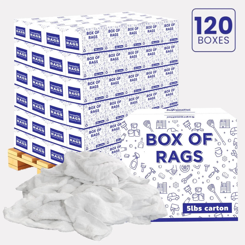 New White Terry Towel Cleaning Rags – 600 lbs. Pallet - 120 x 5 lbs. Boxes - Wiping Hub