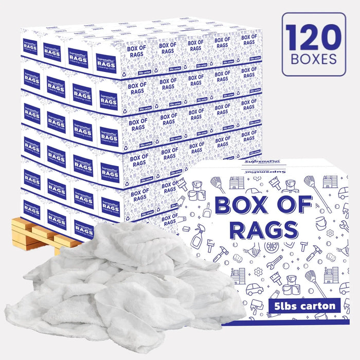 New White Terry Towel Cleaning Rags – 600 lbs. Pallet - 120 x 5 lbs. Boxes - Wiping Hub