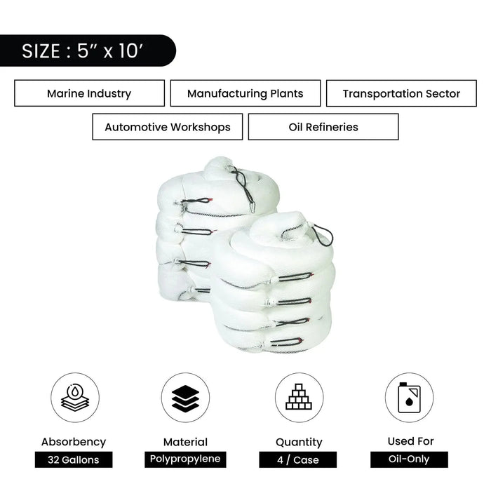 Oil Only Sorbent Booms - 5" x 10' - Wiping Hub