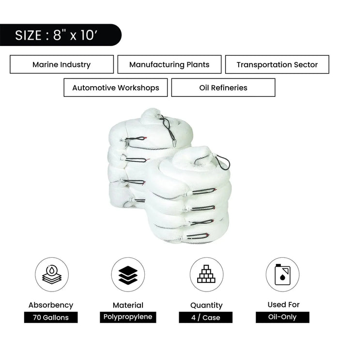 Oil Only Sorbent Booms - 8" x 10' - Wiping Hub