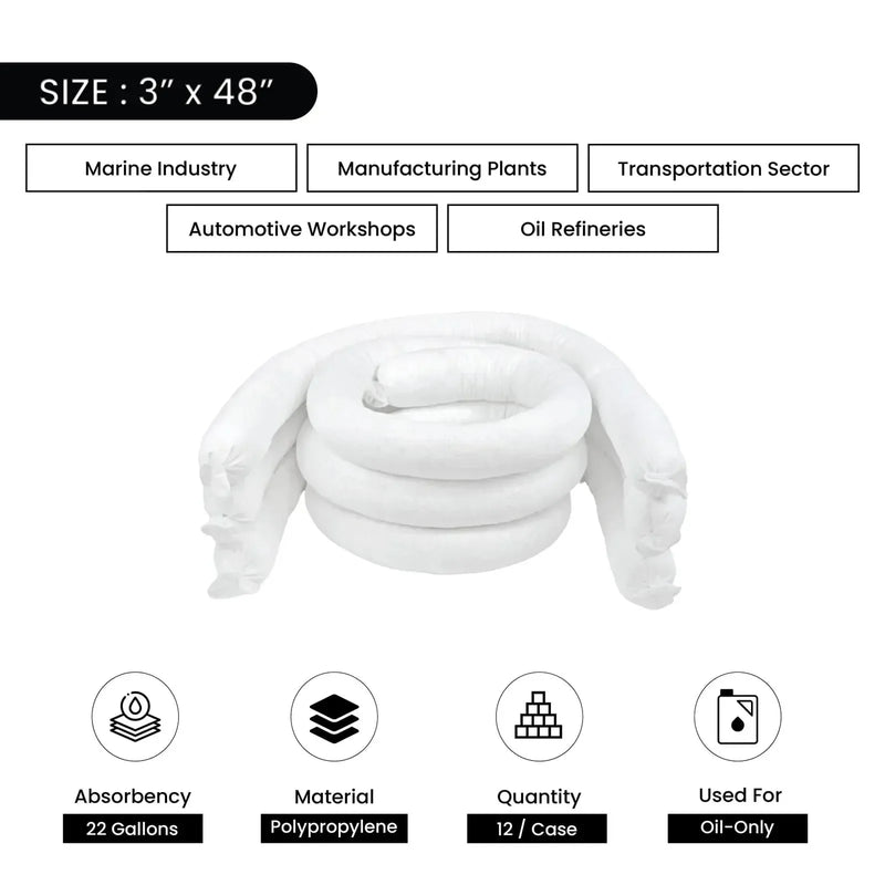 Oil-Only Sorbent Poly Socks - 3" x 48" - 12/Case - Wiping Hub