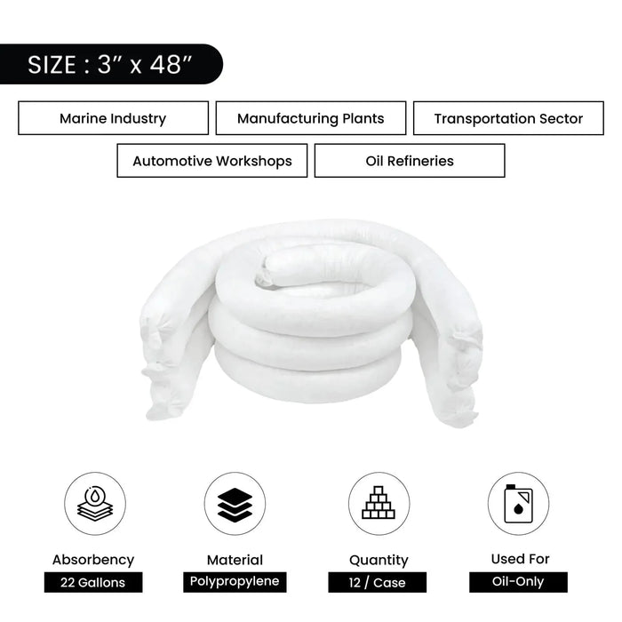 Oil-Only Sorbent Poly Socks - 3" x 48" - 12/Case - Wiping Hub