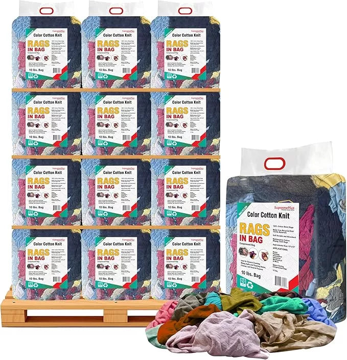 Recycled color knit T-shirt cleaning rags from Wiping Hub, 10 lbs bag of versatile wiping rags, colorful knit fabric for cleaning tasks.