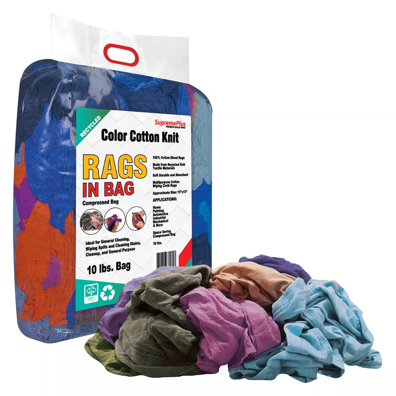 Recycled color knit T-shirt cleaning rags in a 10-pound bag from Wiping Hub, ideal for wiping and cleaning tasks.