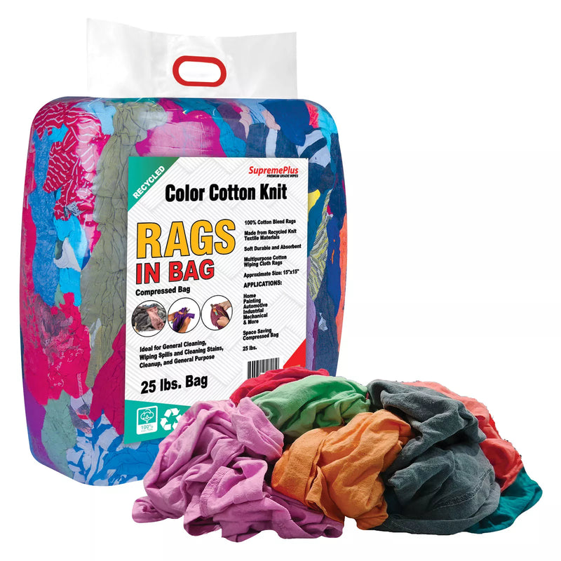Recycled color knit T-shirt cleaning rags from Wiping Hub, 25 lbs bundle of versatile wiping rags for cleaning tasks.