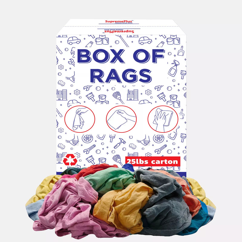 Recycled color knit T-shirt cleaning rags from Wiping Hub, 25lbs box, ideal for wiping and cleaning tasks