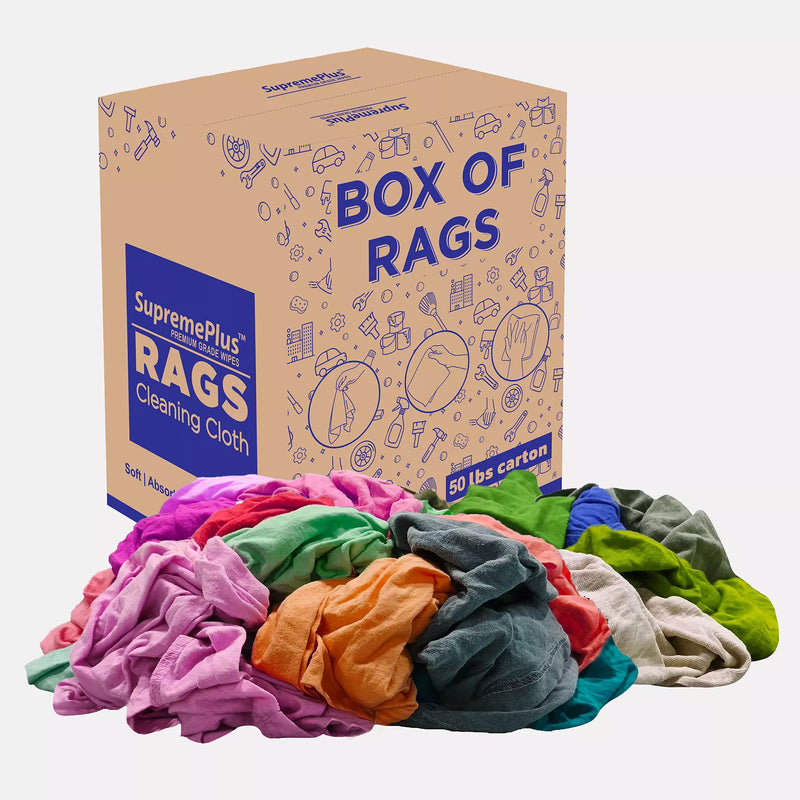 Recycled color knit wiping rags from Wiping Hub, 50 lbs box, durable cleaning cloths for industrial and household use.