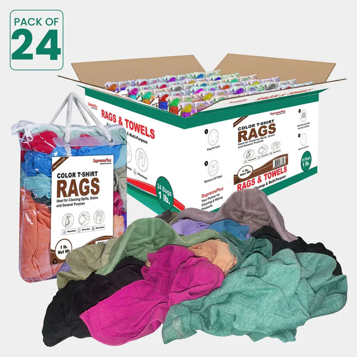 Recycled color knit cleaning rags by Wiping Hub, 1 lb pack of 24 wiping rags in polybags, suitable for cleaning and wiping tasks.