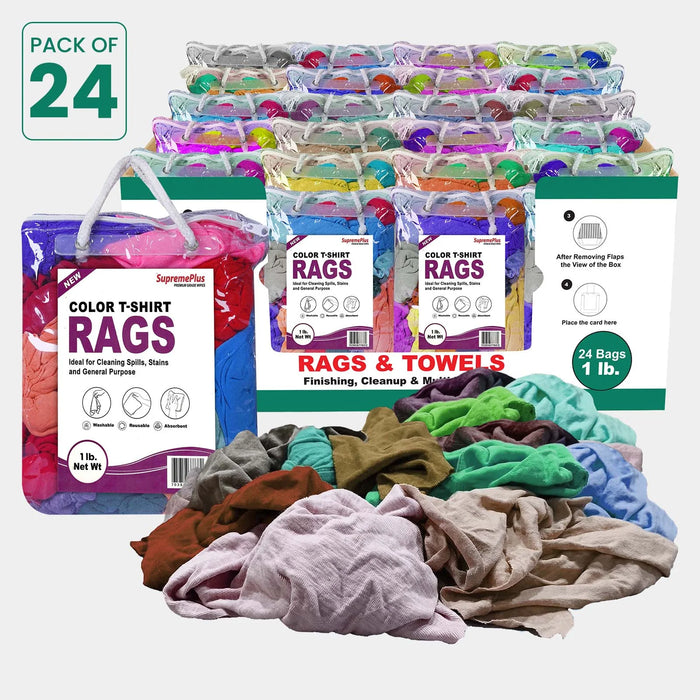Recycled Color Knit T-Shirt Cleaning Rags - 1 lb. Bag - Pack of 24 - Wiping Hub