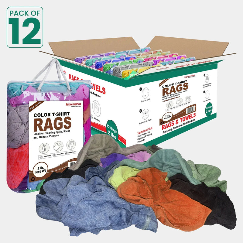 Recycled Color Knit T-Shirt Cleaning Rags - 2 lbs. Bag - Pack of 12 - Wiping Hub