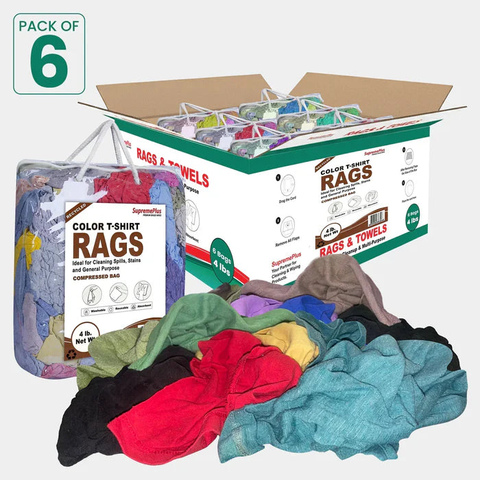 Recycled color knit cleaning rags in polybags, Wiping Hub brand, perfect for wiping and cleaning tasks, packed in a master carton.