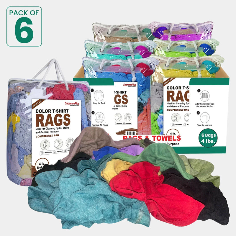 Recycled Color Knit T-Shirt Cleaning Rags - 4 lbs. Bag - Pack of 6 - Wiping Hub