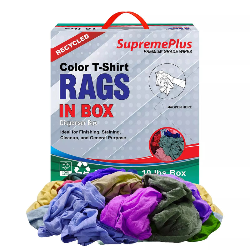 Recycled color knit T-shirt cleaning rags by Wiping Hub, compressed box of 10 lbs, ideal for wiping and cleaning tasks