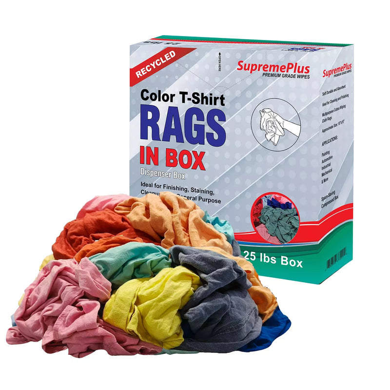 Recycled color knit T-shirt cleaning rags by Wiping Hub, 25 lbs, soft, durable wiping cloths for industrial or household use.