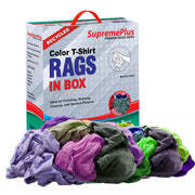 Recycled color knit T-shirt cleaning rags from Wiping Hub, soft, durable wiping rags for cleaning tasks, 5-pound compressed box.