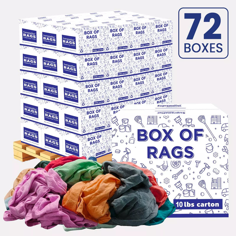 Recycled color knit T-shirt cleaning rags by Wiping Hub, 10lb pallet box, durable wiping cloths for industrial cleaning tasks.