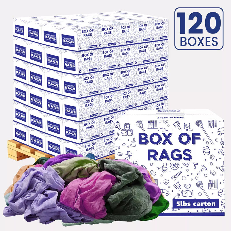 Recycled color knit wiping rags from Wiping Hub, 5lb pallet box, ideal for cleaning and absorbing spills in industrial or home use.