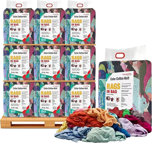 Recycled color knit T-shirt cleaning rags from Wiping Hub, 25 lbs bag of versatile wiping rags for cleaning tasks.