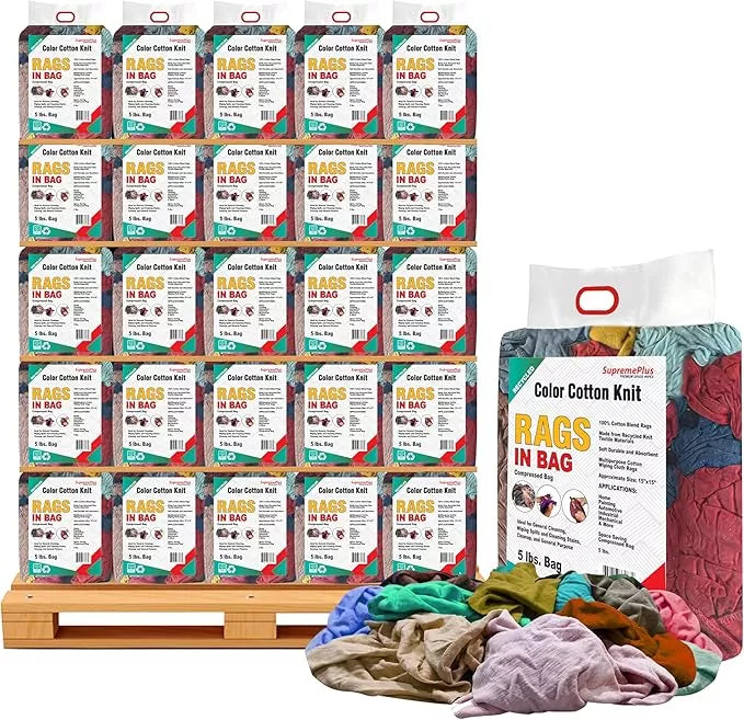Recycled color knit wiping rags by Wiping Hub, 5 lbs bag of versatile cleaning cloths for industrial or household use.