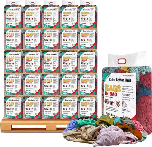 Recycled color knit wiping rags by Wiping Hub, 5 lbs bag of versatile cleaning cloths for industrial or household use.