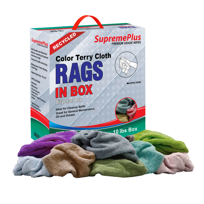 Recycled Color Terry Towel Cleaning Rags - 10 lbs. Compressed Box - Wiping Hub