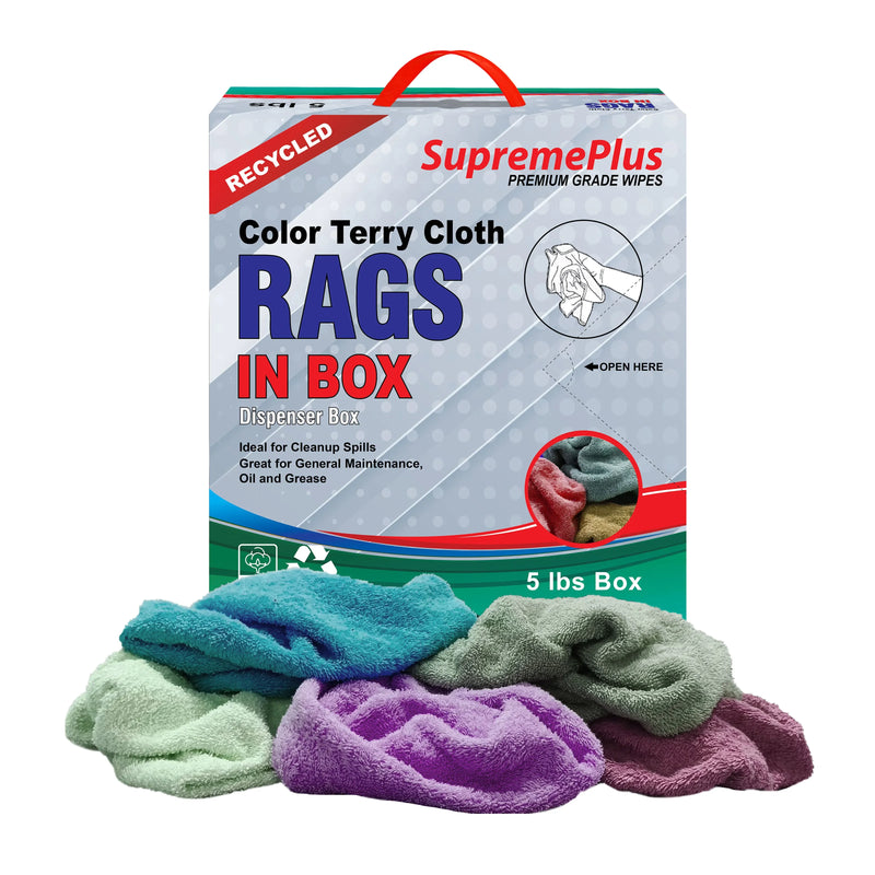 Recycled Color Terry Towel Cleaning Rags - 5 lbs. Compressed Box - Wiping Hub