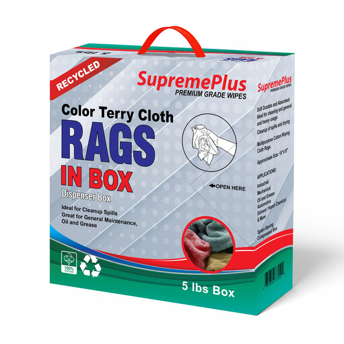Recycled Color Terry Towel Cleaning Rags - 5 lbs. Compressed Box - Wiping Hub