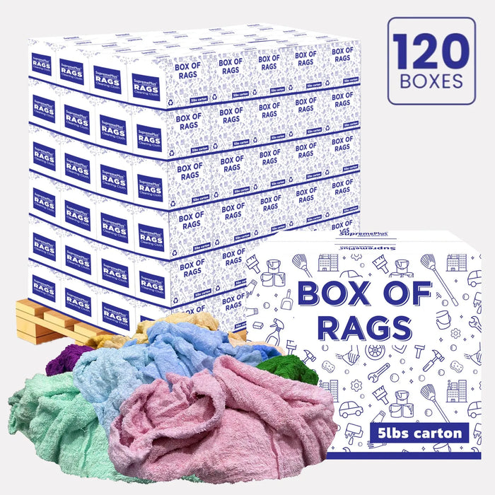 Recycled Color Terry Towel Cleaning Rags - 600 lbs. Pallet - 120 x 5 lbs. Boxes - Wiping Hub