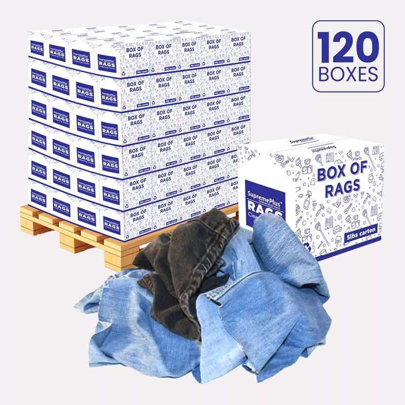 Recycled Denim Cloth Material Cleaning Rags - 600 lbs. Pallet - 120 x 5 lbs. Boxes