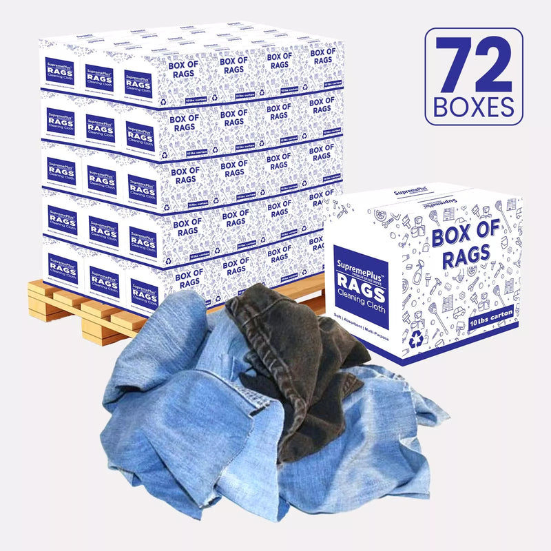 Recycled Denim Cloth Material Cleaning Rags - 720 lbs. Pallet - 72 x 10 lbs. Boxes