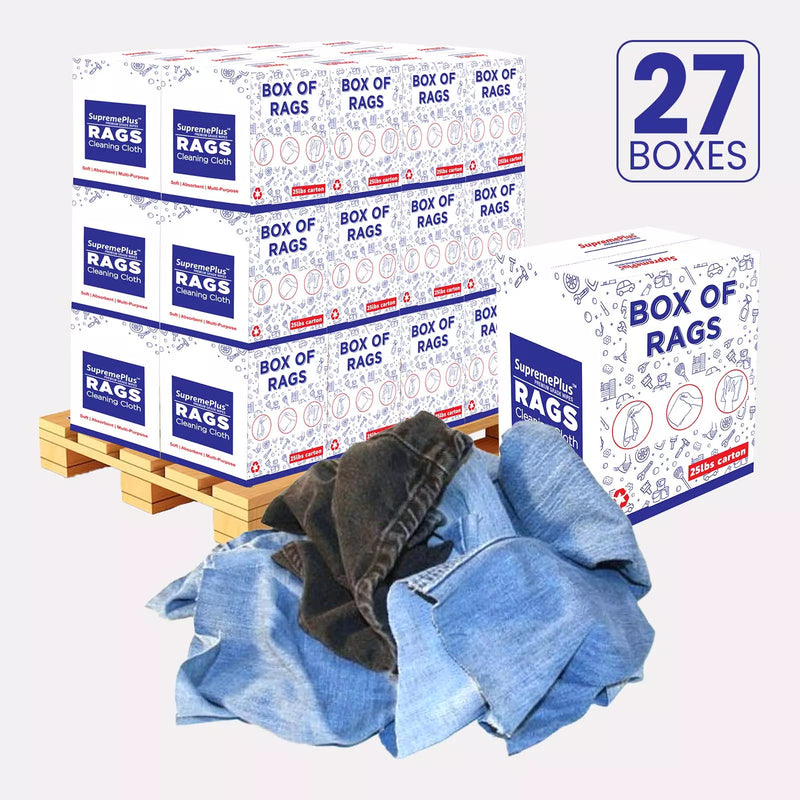 Recycled Denim Cloth Material Cleaning Rags  - 675 lbs. Pallet - 27 x 25 lbs. Boxes