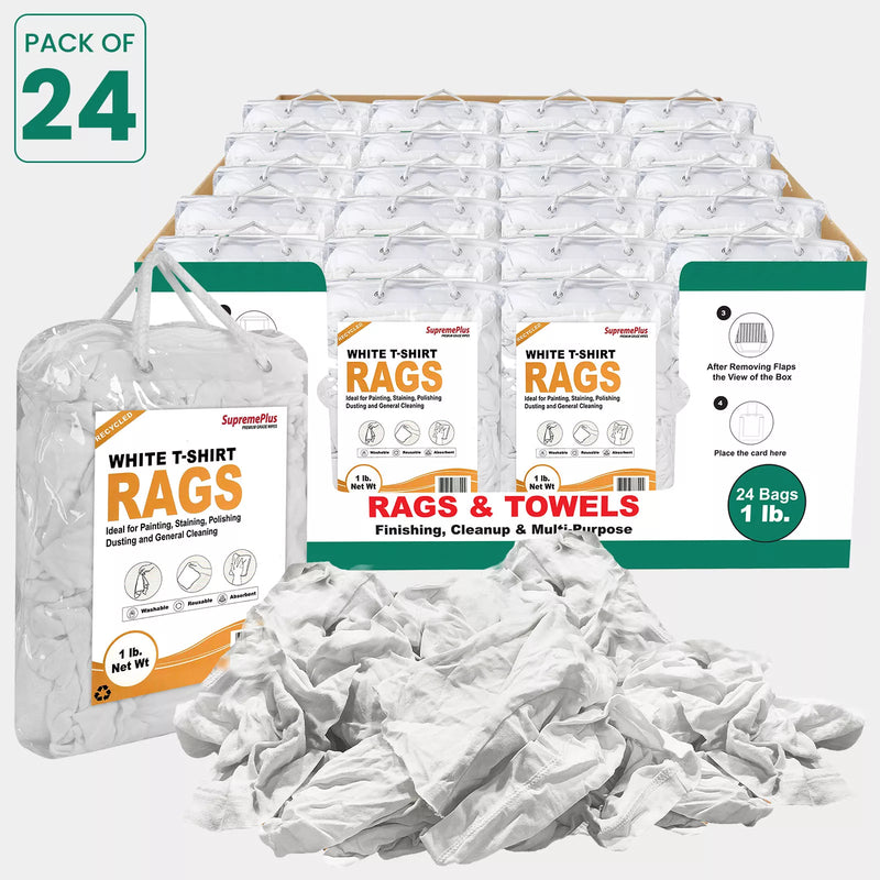 Recycled white knit T-shirt cleaning rags by Wiping Hub, industrial towels made from recycled materials, shown in master carton.