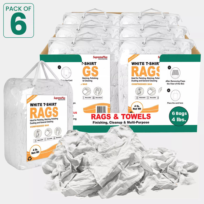 Recycled white knit T-shirt cleaning rags, industrial towels by Wiping Hub, shown in master carton packaging.