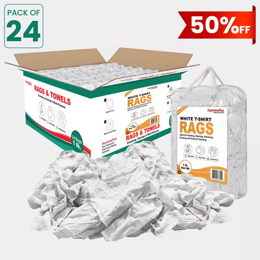 Recycled white knit T-shirt cleaning rags from Wiping Hub, 1 lb pack of 24, shown in a master carton for industrial cleaning use.