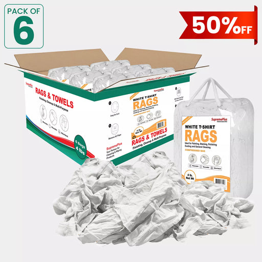 Six packs of Wiping Hub recycled white knit T-shirt cleaning rags in 4 lbs. polybags, ideal for cleaning and wiping tasks.