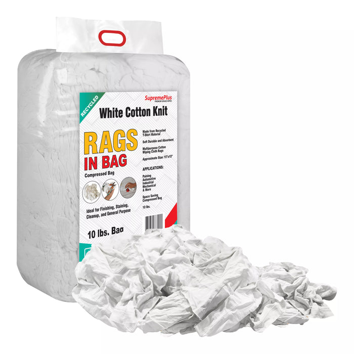Recycled white knit industrial towels by Wiping Hub, 10 lbs bag of reusable cleaning rags for industrial use.
