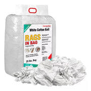 Recycled white knit industrial cleaning rags in a 25-pound bag from Wiping Hub, made from recycled materials for cleaning tasks.