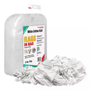 Recycled white knit T-shirt cleaning rags in a 5-pound bag, industrial towels by Wiping Hub for durable cleaning.